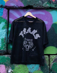 Trans Pride Tattoo Inspired Design on front of Black See-through Boxy Net T-shirt See-through Boxy Net T-Shirt