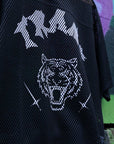 Trans Pride Tattoo Inspired Design on front of Black See-through Boxy Net T-shirt See-through Boxy Net T-Shirt