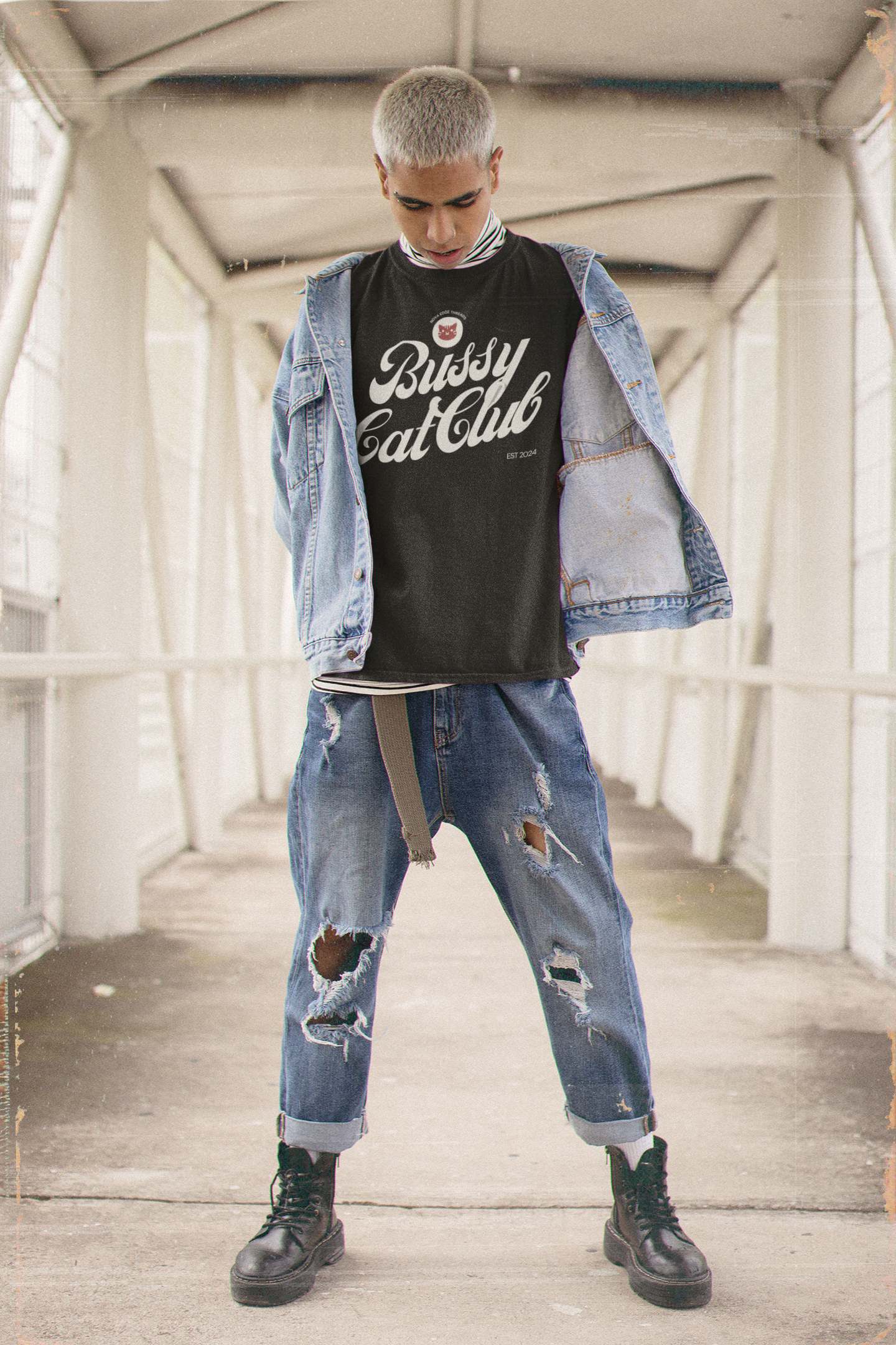 Bussy Cat Club T-Shirt Cute Trans Pride Gay Pride Shirt on Black Acid Wash Oversize T-Shirt Acid Wash Oversize T-Shirt