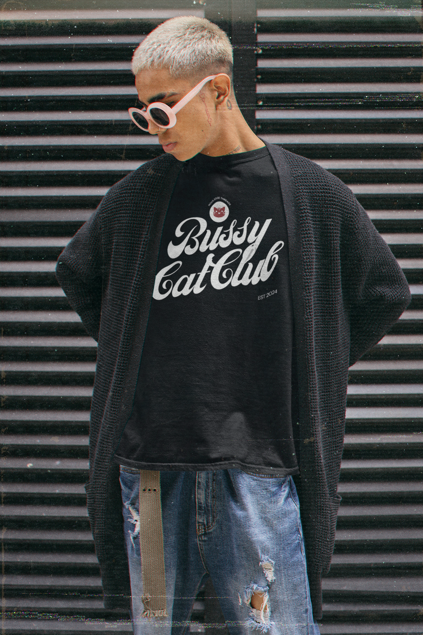 Bussy Cat Club T-Shirt Cute Trans Pride Gay Pride Shirt on Black Acid Wash Oversize T-Shirt Acid Wash Oversize T-Shirt