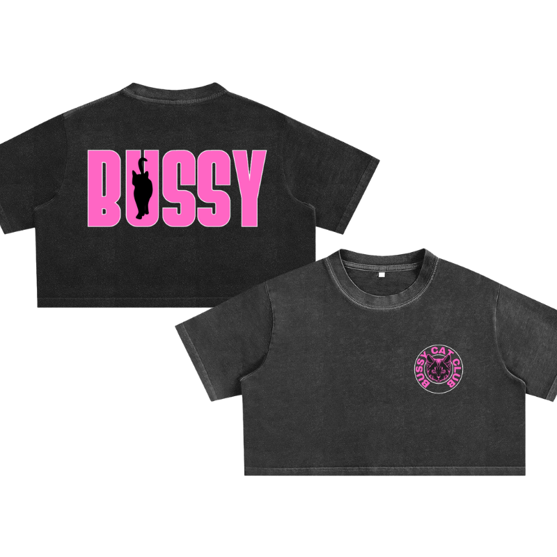 Bussy Cat Club Black and Pink Snow Washed Crop Top