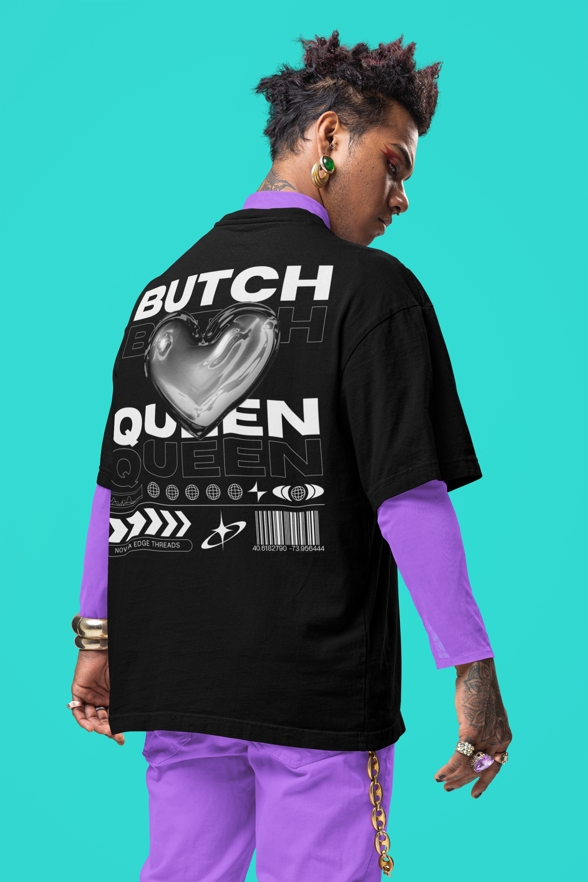 Butch Queen Graphic Tee Chrome Heart Black Pride Oversize Deep Drop Shoulder Tee Oversize Deep Drop Shoulder Tee - 190 GSM
