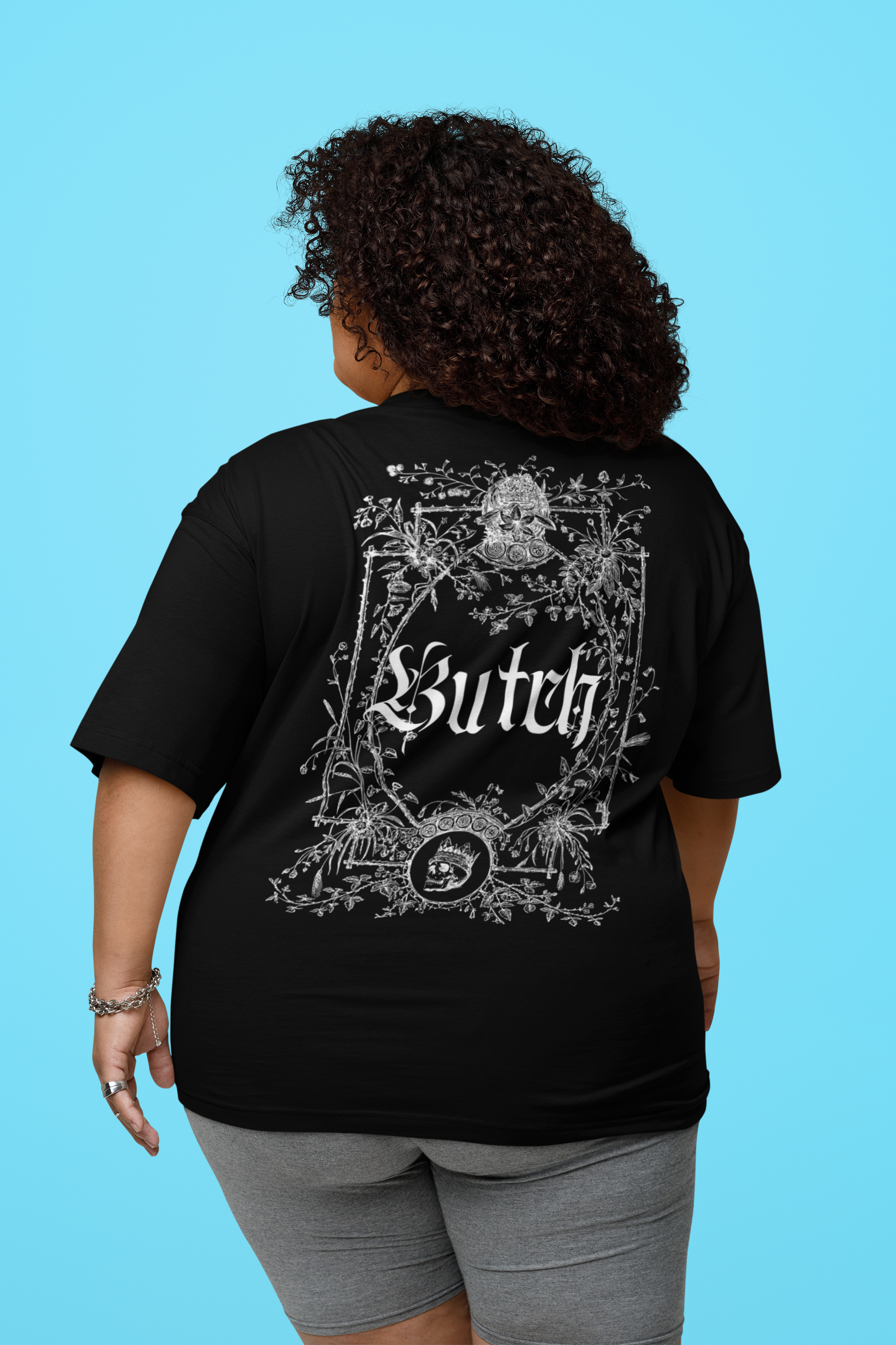 Butch Gothic Designed Graphic Tee on Black Acid Wash Oversize T-Shirt Acid Wash Oversize T-Shirt