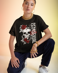 Demisexual Pride T-Shirt Skull and Roses Tattoo Inspired Design on front of Black Oversize Tee Oversize Deep Drop Shoulder Tee - 190 GSM