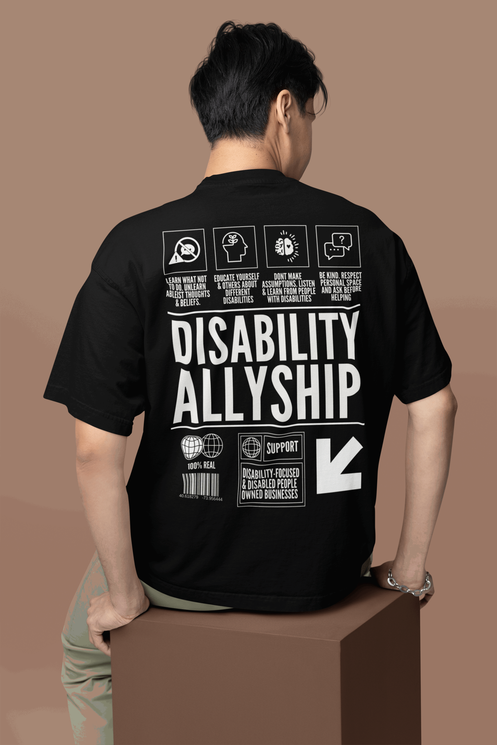 Disability Allyship Graphic Tee on back of Black Oversize Deep Drop Shoulder Tee Oversize Deep Drop Shoulder Tee - 190 GSM