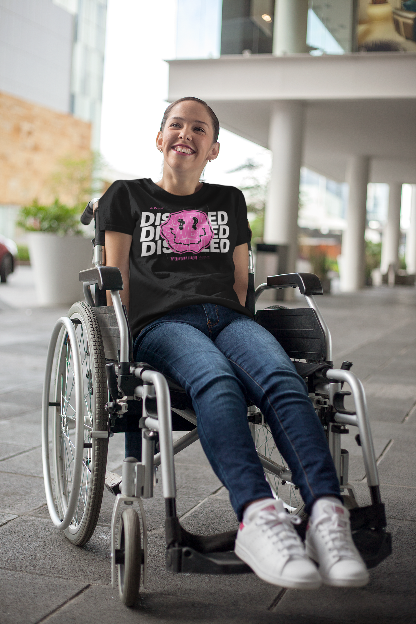 Disability Pride Graphic Tee Pink Smiley Disabled & Proud Oversize Deep Drop Shoulder Tee Oversize Deep Drop Shoulder Tee - 190 GSM
