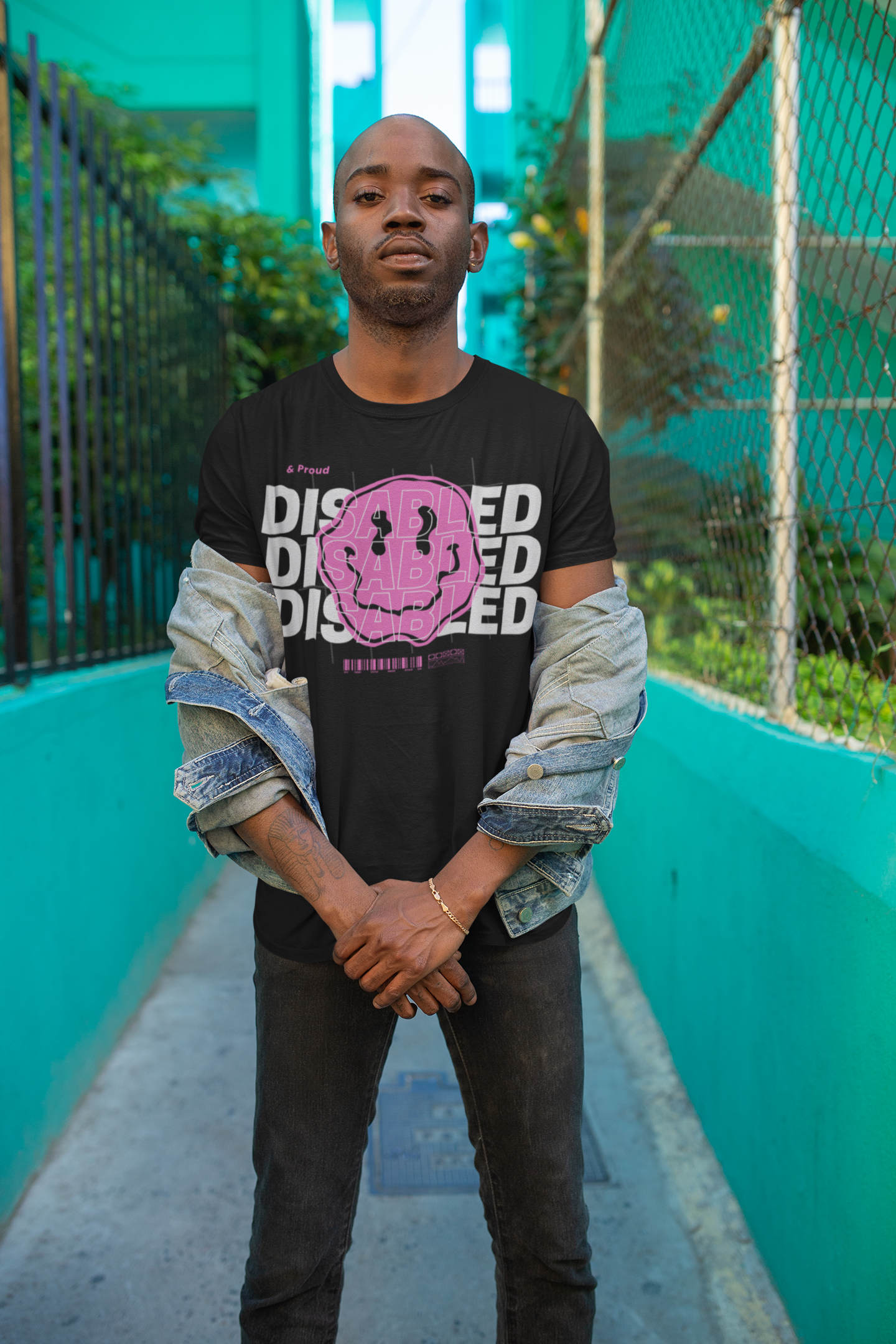 Disability Pride Graphic Tee Pink Smiley Disabled & Proud Oversize Deep Drop Shoulder Tee Oversize Deep Drop Shoulder Tee - 190 GSM
