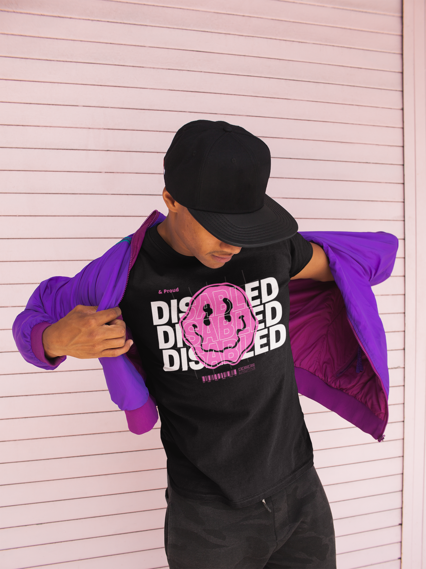 Disability Pride Graphic Tee Pink Smiley Disabled & Proud Oversize Deep Drop Shoulder Tee Oversize Deep Drop Shoulder Tee - 190 GSM