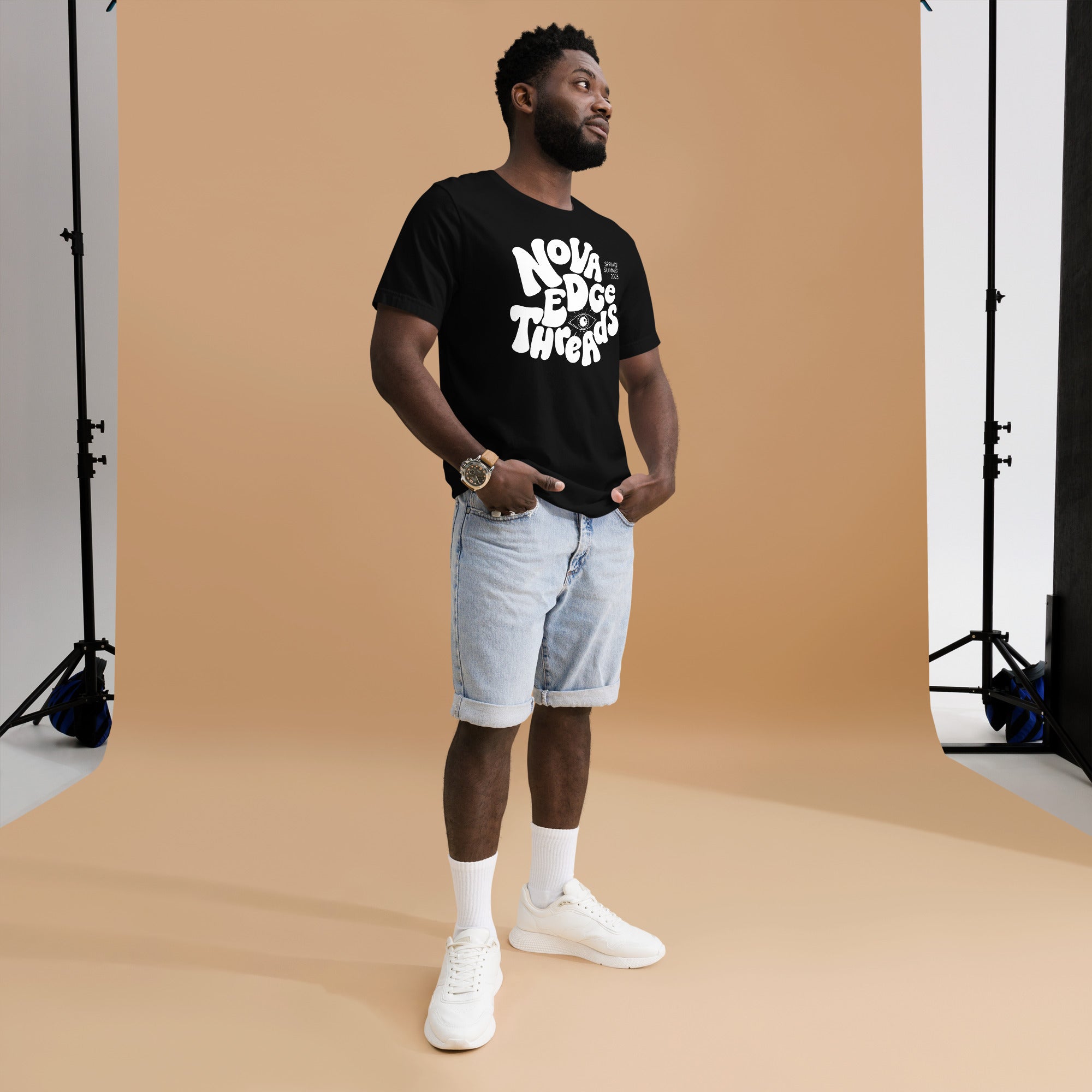 Nova Edge Threads Nostalgic Typo Graphic Tee on front of Black Relaxed Fit T-Shirt Relaxed Fit T-Shirt