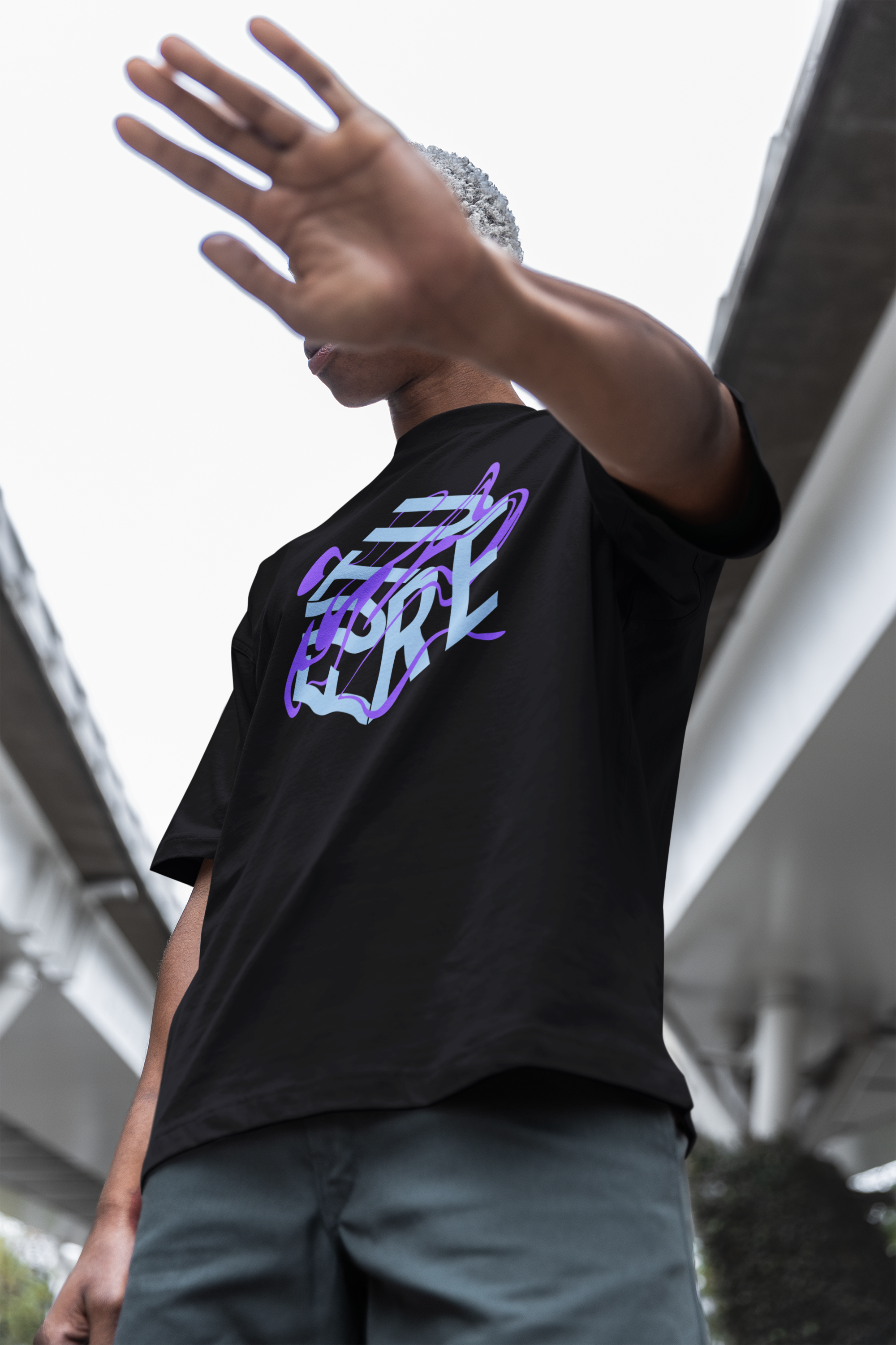 Light Blue and Purple Future is Fluid Abstract Surrealism Graphic on front of Black Oversize Deep Drop Shoulder Tee - 190 GSM Oversize Deep Drop Shoulder Tee - 190 GSM
