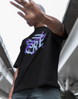 Light Blue and Purple Future is Fluid Abstract Surrealism Graphic on front of Black Oversize Deep Drop Shoulder Tee - 190 GSM Oversize Deep Drop Shoulder Tee - 190 GSM