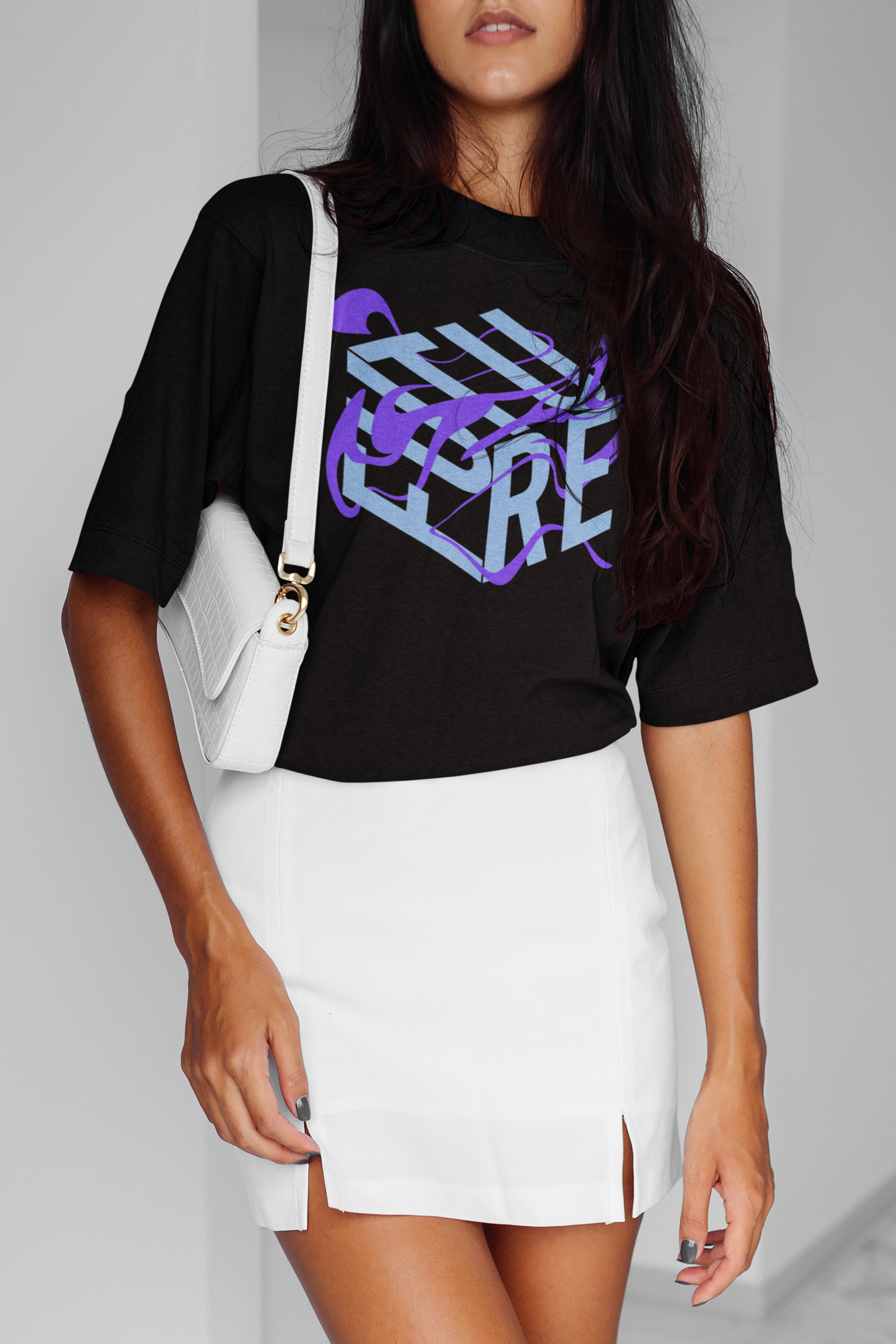 Light Blue and Purple Future is Fluid Abstract Surrealism Graphic on front of Black Oversize Deep Drop Shoulder Tee - 190 GSM Oversize Deep Drop Shoulder Tee - 190 GSM