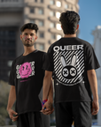 Gaymer Graphic Tee Pink Smiley Face Pride T-Shirt Black Oversize Deep Drop Shoulder Tee - 190 GSM