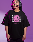 Gaymer Graphic Tee Pink Smiley Face Pride T-Shirt Black Oversize Deep Drop Shoulder Tee - 190 GSM