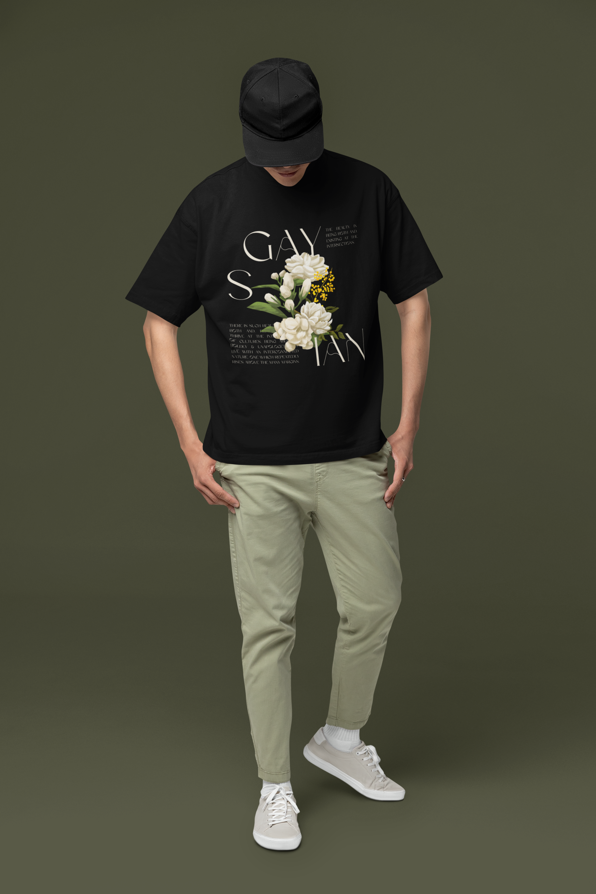 Gaysian Pride T Shirt Asian Gay Pride Vintage Flowers on Black Oversize Deep Drop Shoulder Tee Oversize Deep Drop Shoulder Tee - 190 GSM