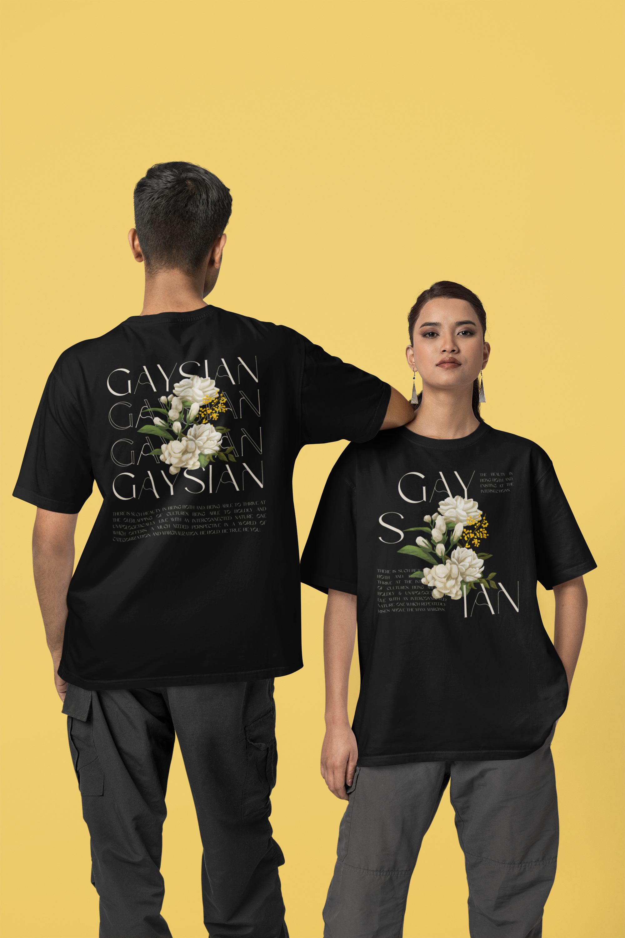 Gaysian T-Shirt Intersectional Pride Vintage Flowers Black Oversize Deep Drop Shoulder Tee Oversize Deep Drop Shoulder Tee - 190 GSM