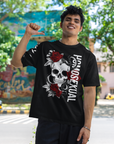 Homosexual Gay Pride T-Shirt Skull and Roses Tattoo Inspired Design on front of Black Oversize Tee Oversize Deep Drop Shoulder Tee - 190 GSM