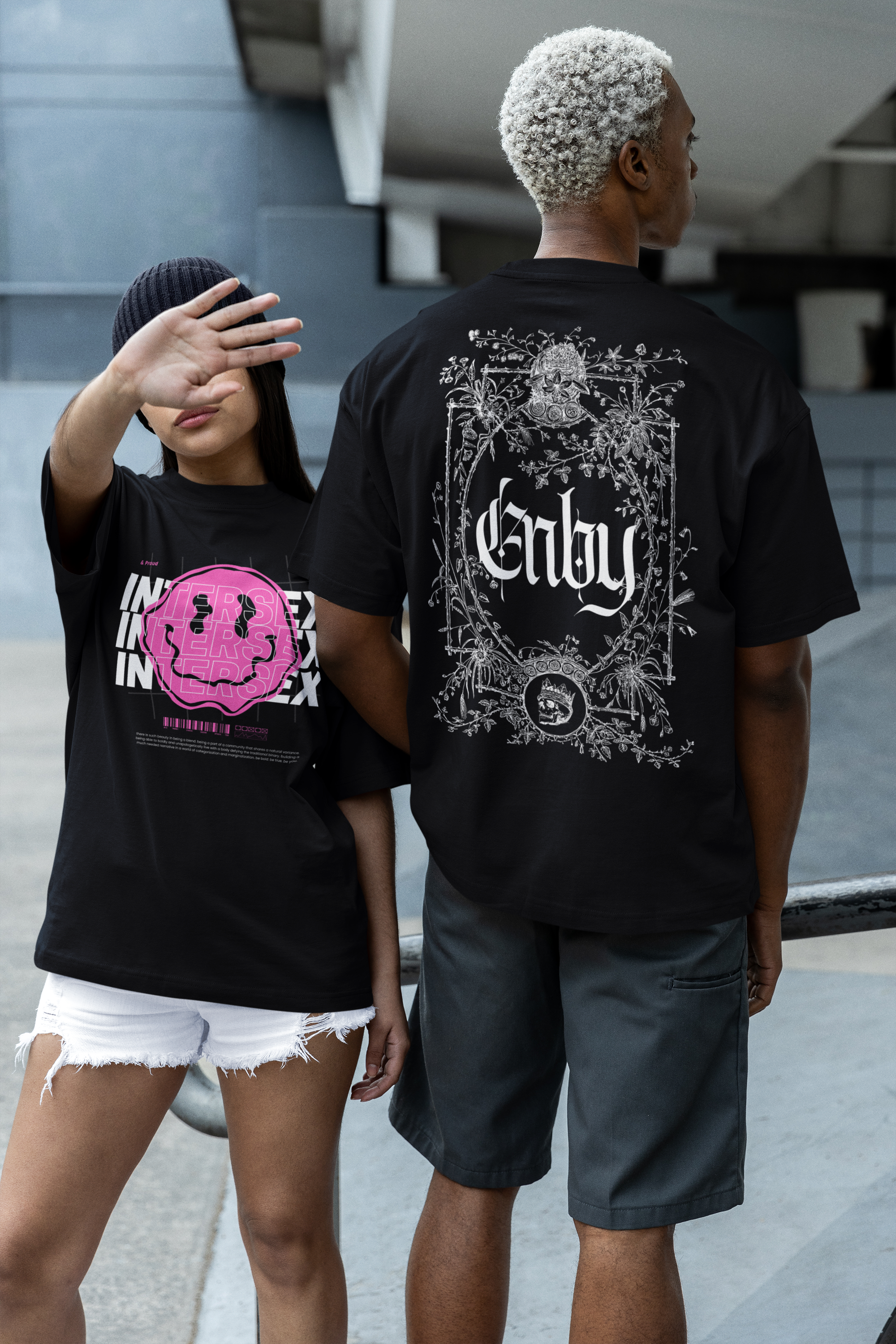 Intersex Pride T-Shirt Pink Smiley on Black Oversize Deep Drop Shoulder Tee Oversize Deep Drop Shoulder Tee - 190 GSM