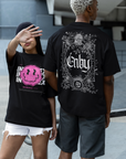 Enby Gothic Graphic Tee Design Non-Binary Pride on Black Oversize Deep Drop Shoulder Tee - 190 GSM