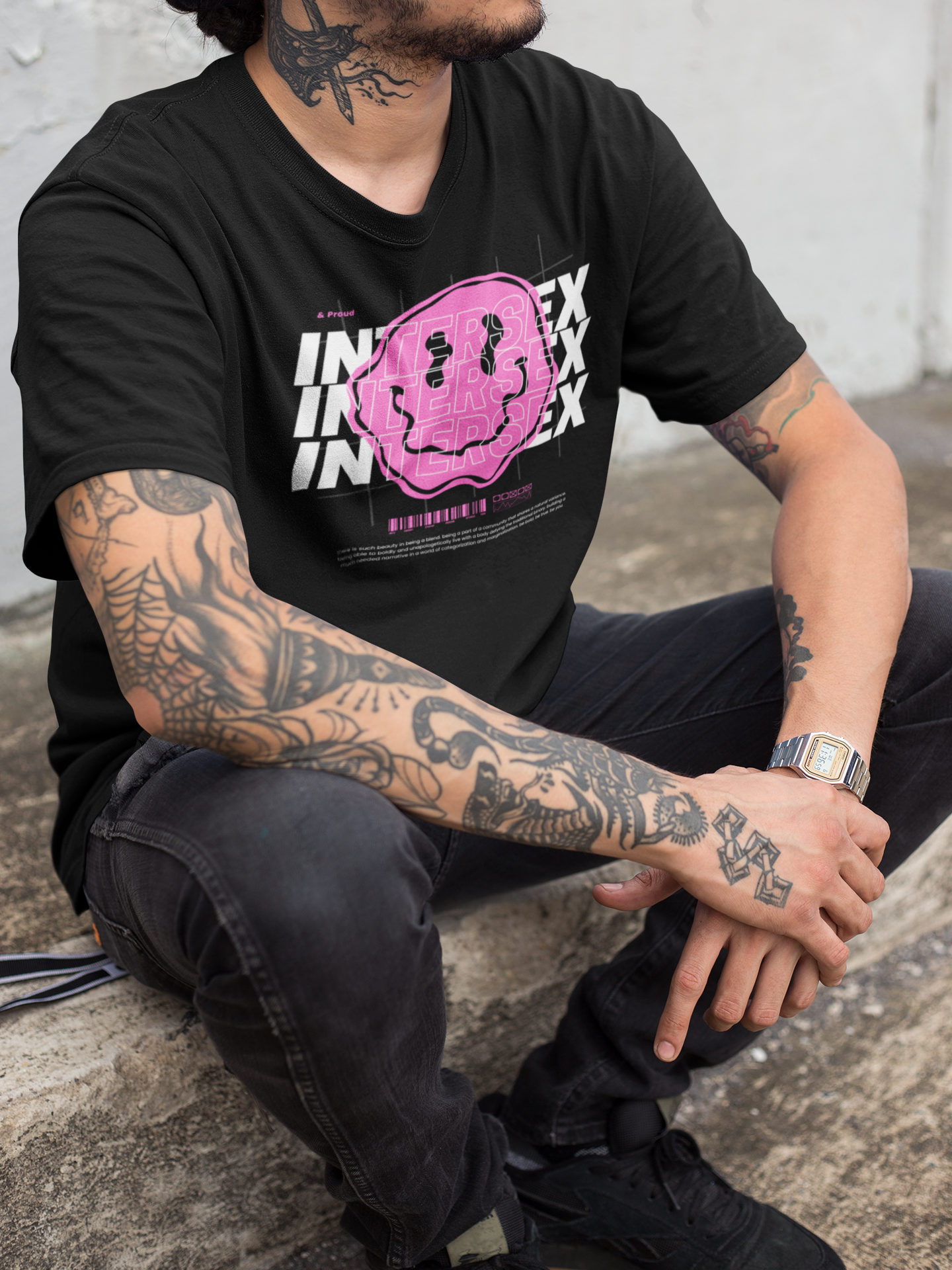 Intersex Pride T-Shirt Pink Smiley on Black Oversize Deep Drop Shoulder Tee Oversize Deep Drop Shoulder Tee - 190 GSM