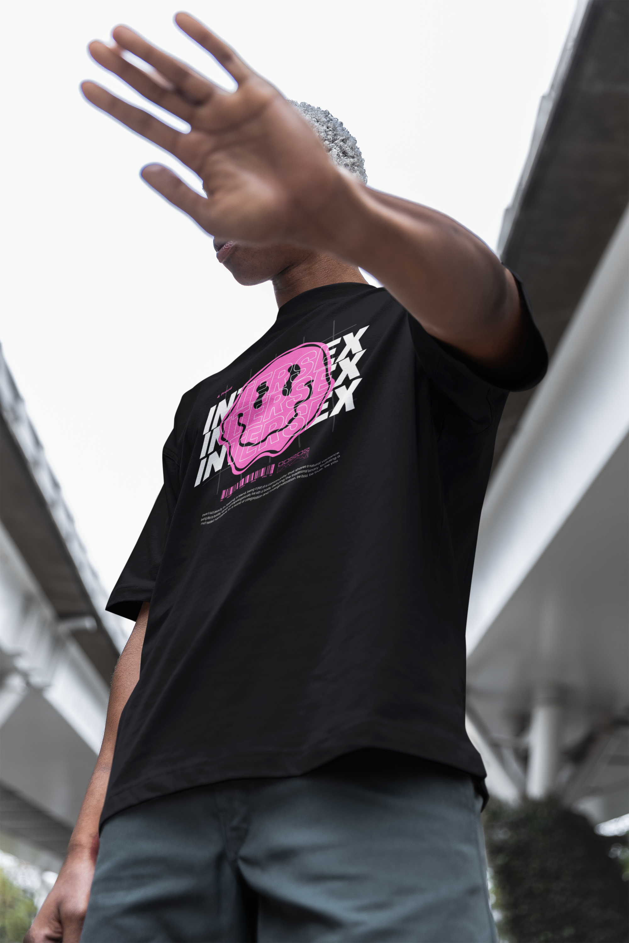 Intersex Pride T-Shirt Pink Smiley on Black Oversize Deep Drop Shoulder Tee Oversize Deep Drop Shoulder Tee - 190 GSM