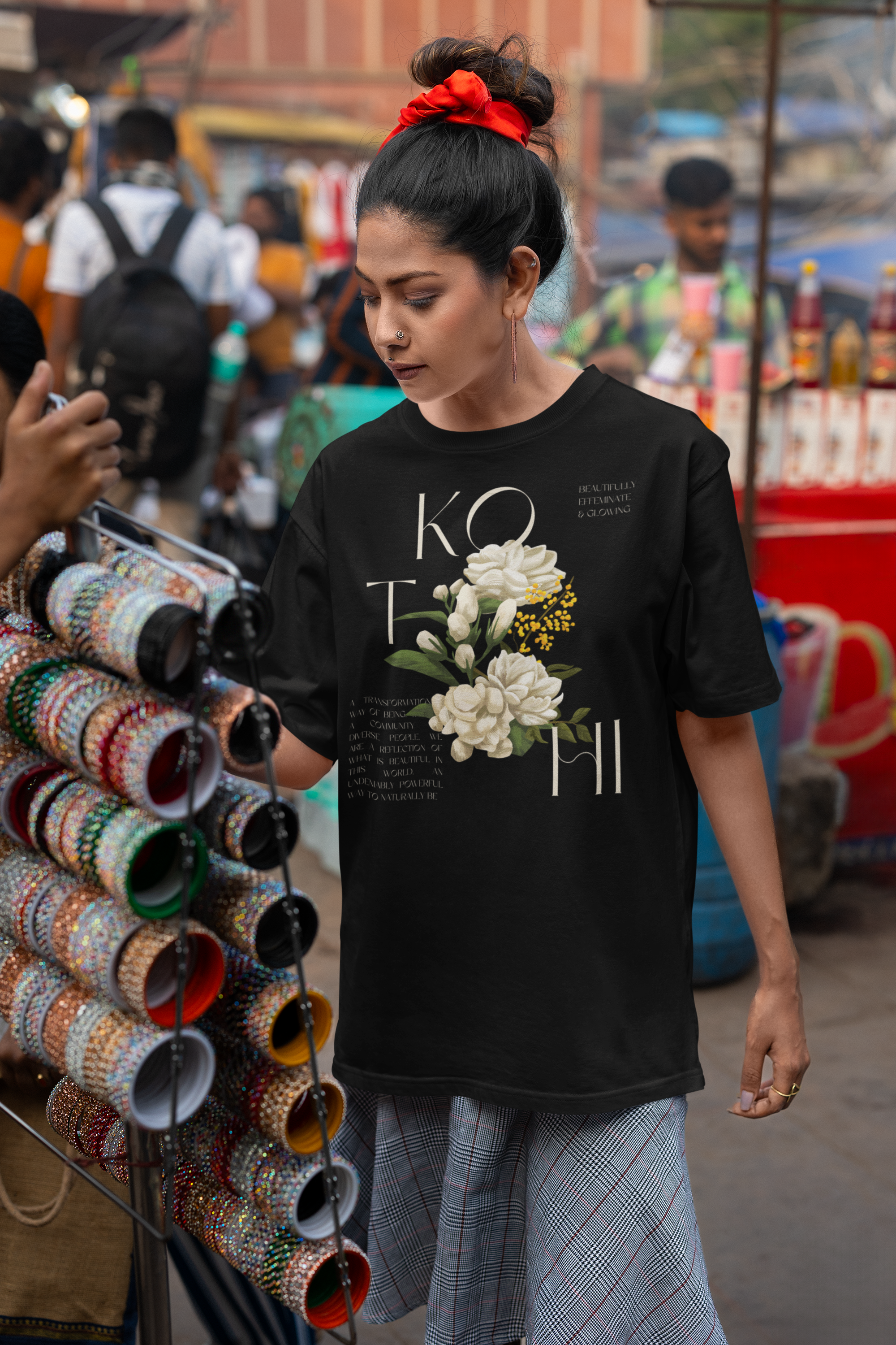 Kothi Pride T-shirt Vintage Flowers Feminine Indian Pride Oversize Deep Drop Shoulder Tee Oversize Deep Drop Shoulder Tee - 190 GSM