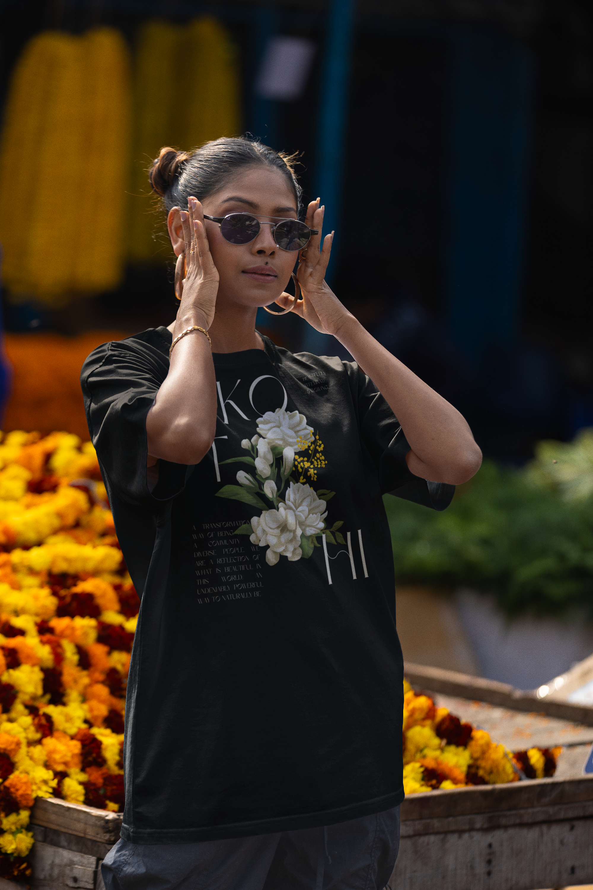 Kothi Pride T-shirt Vintage Flowers Feminine Indian Pride Oversize Deep Drop Shoulder Tee Oversize Deep Drop Shoulder Tee - 190 GSM