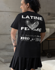Latine & Femme Chrome Heart Streetwear Pride Gear on Black Oversize Deep Drop Shoulder Tee - 190 GSM