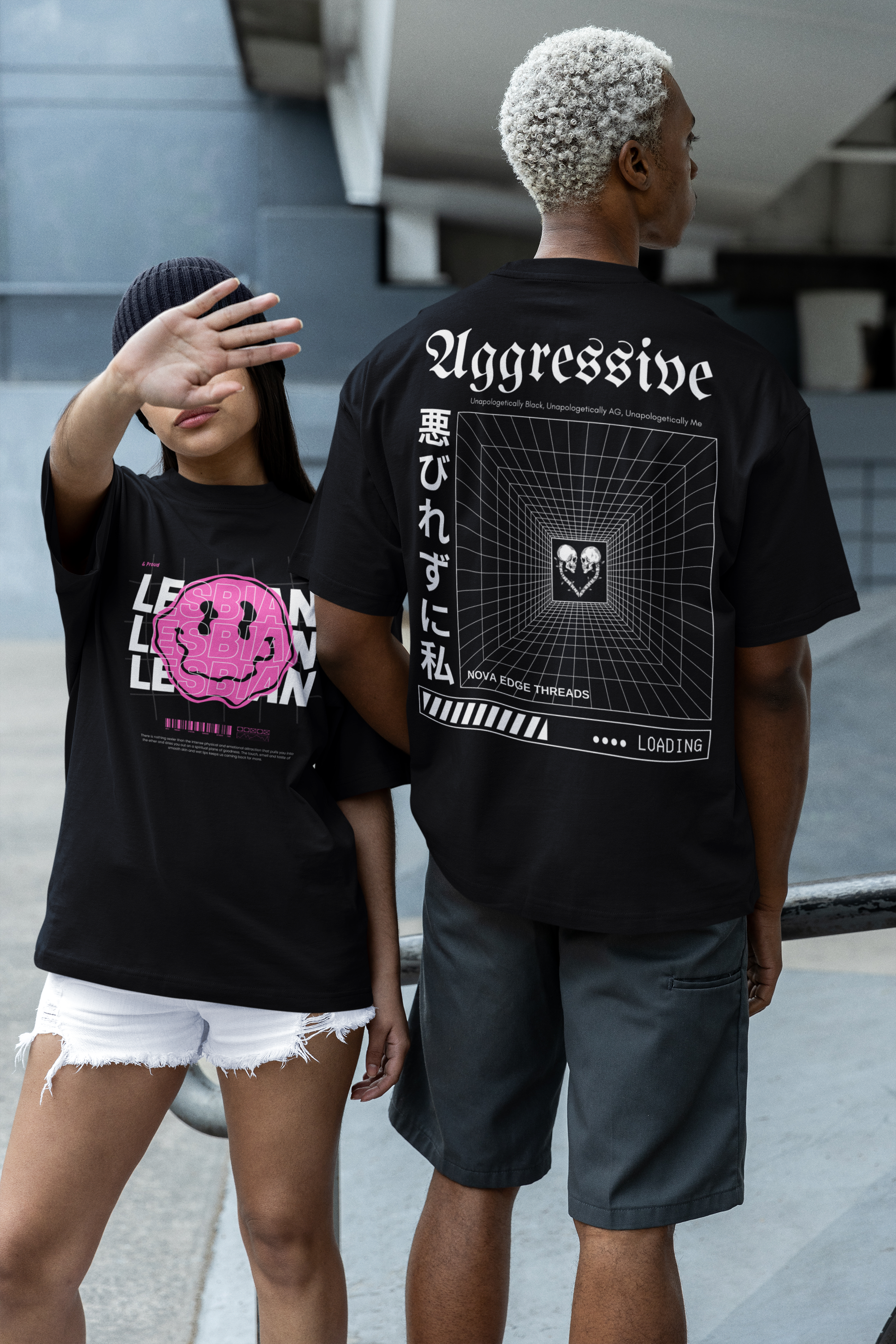 Lesbian Streetwear Style Pink Smiley Graphic Tee on Black Acid Wash Oversize T-Shirt Acid Wash Oversize T-Shirt