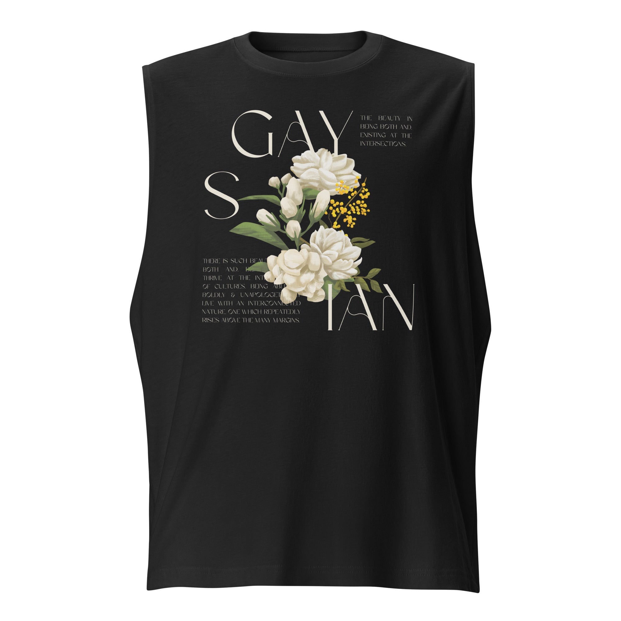 Gaysian Pride Vintage Flower Design on front of Black Relaxed Fit Sleeveless Tank Top Relaxed Fit Sleeveless Tank Top