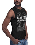 White Sketch and Text on Black Tank Top saying Nature is Bisexual with outlines of plants and animals