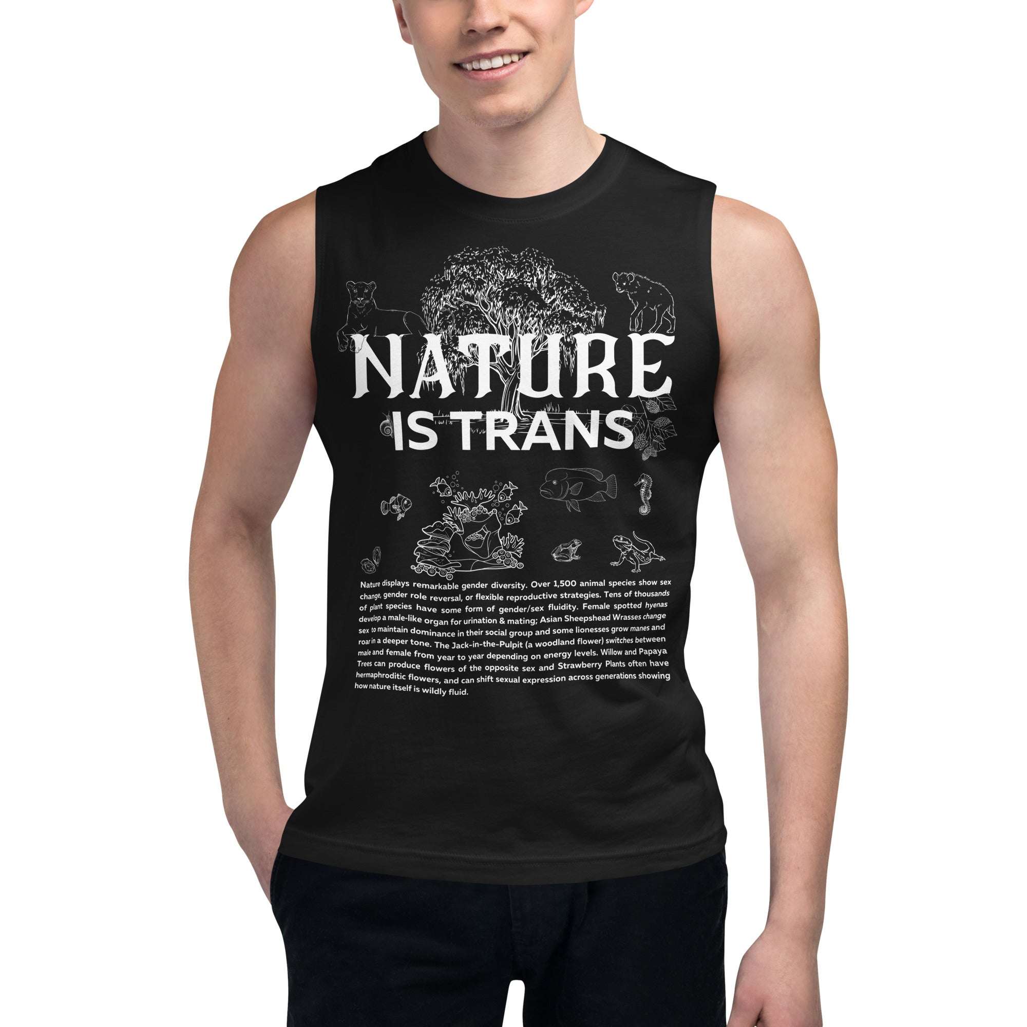 Nature is Trans Pride Shirt Educational Sketch Design Black Relaxed Fit Sleeveless Tank Top Relaxed Fit Sleeveless Tank Top