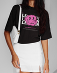 Lesbian Streetwear Style Pink Smiley Graphic Tee on Black Acid Wash Oversize T-Shirt Acid Wash Oversize T-Shirt
