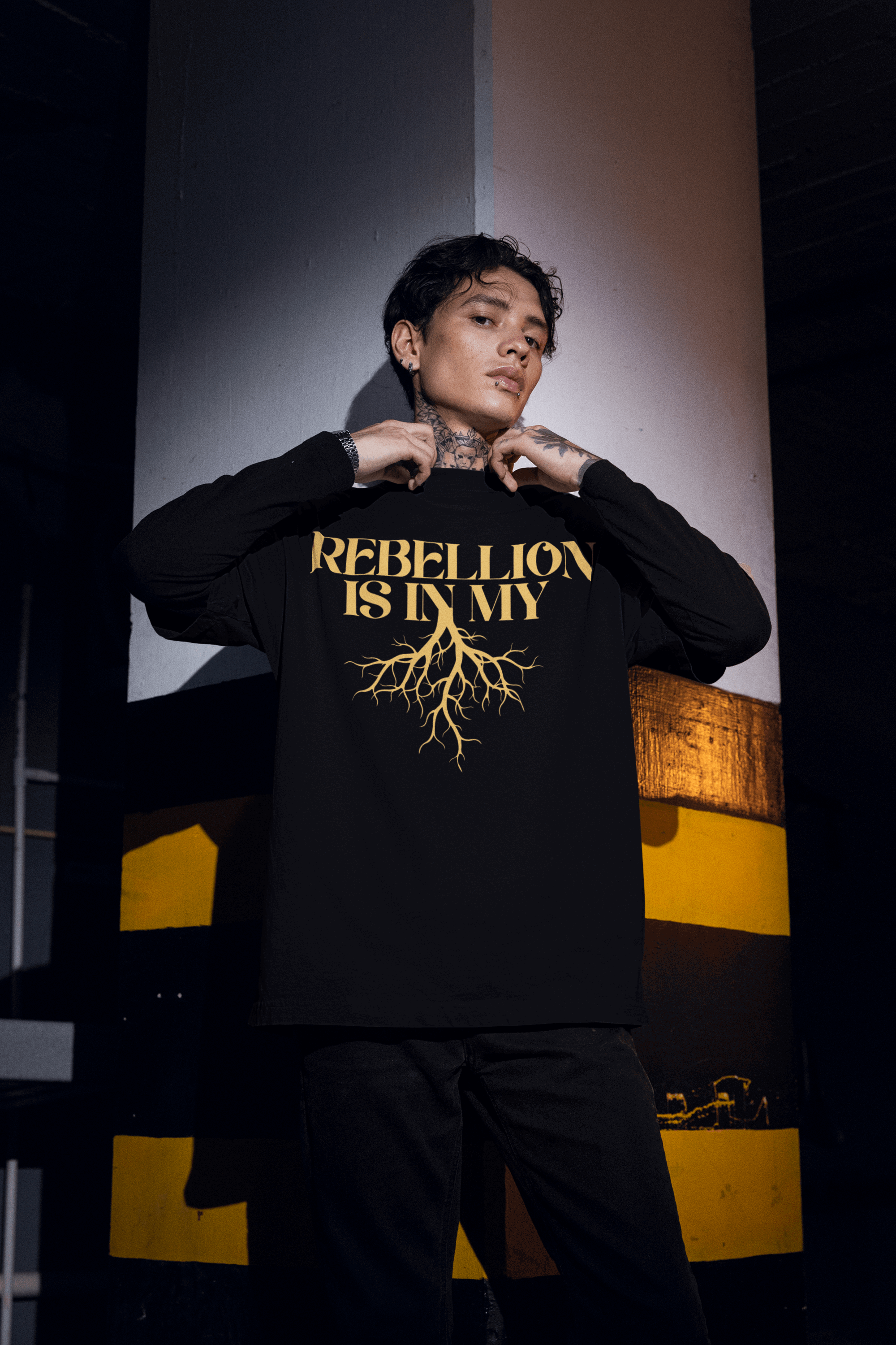 Rebellion is in my Roots Pride T-Shirt Protest Streetwear Black Oversize Deep Drop Shoulder Tee Oversize Deep Drop Shoulder Tee - 190 GSM