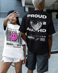Proud to be Disabled Graphic Tee Streetwear Style Disability Pride T-Shirt front of White Oversize Deep Drop Shoulder Tee - 190 GSM