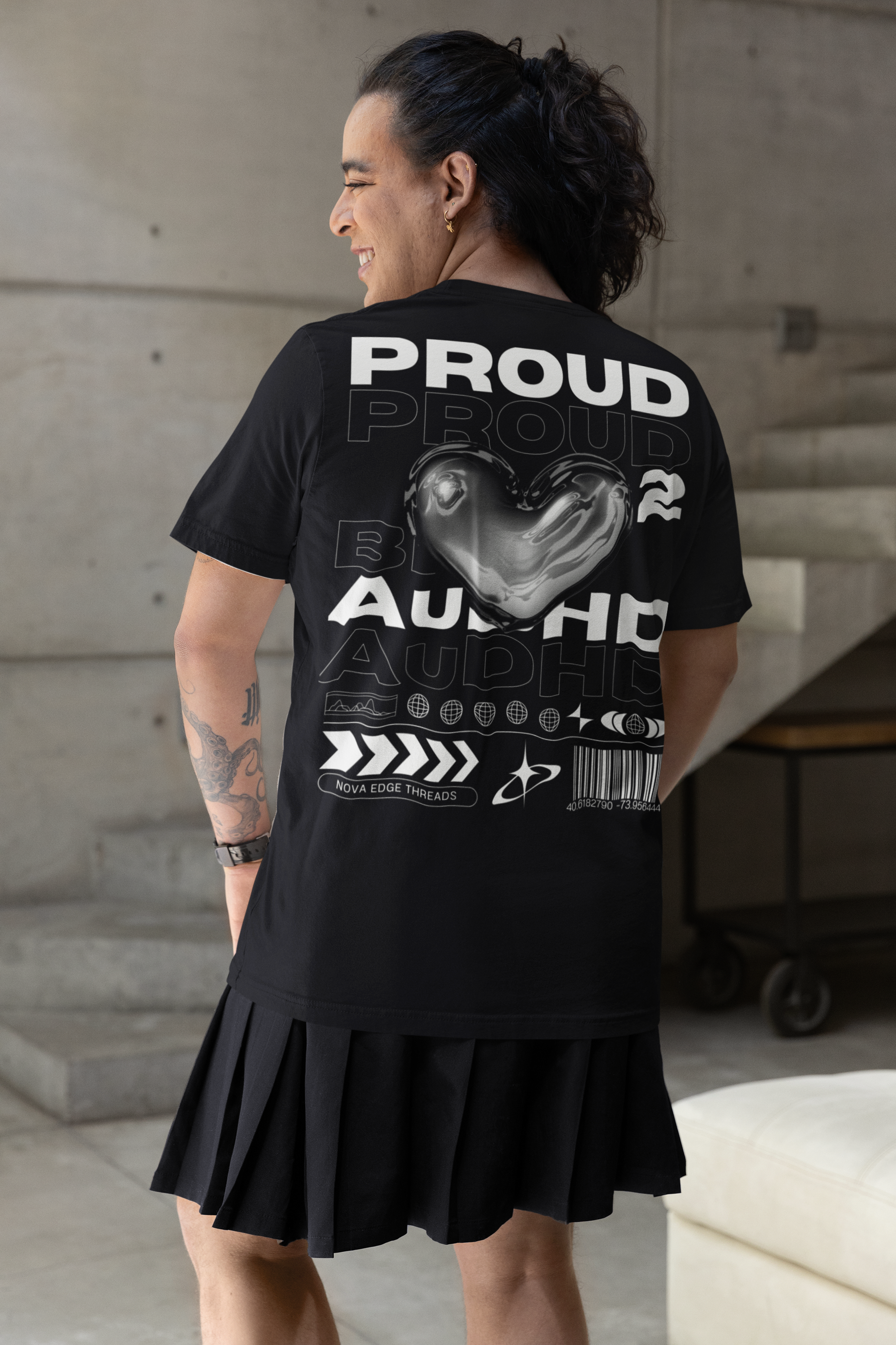 Proud to be AuDHD Graphic Tee Chrome Heart ADHD and Autism Pride Oversize Deep Drop Shoulder Tee Oversize Deep Drop Shoulder Tee - 190 GSM