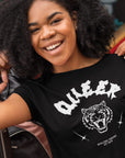 Queer Pride Tattoo Inspired Tiger Design on front of Black Seamless Mini Tee Seamless Mini Tee