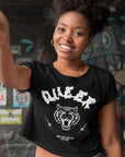 Queer Pride Tattoo Inspired Tiger Design on front of Black Seamless Mini Tee Seamless Mini Tee