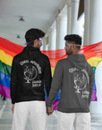 Queer Revolution, Global Force Graphic Sweatshirt LGBTQIA2S+ Pride on back of Black or Gray Eco Raglan Hoodie Eco Raglan Hoodie