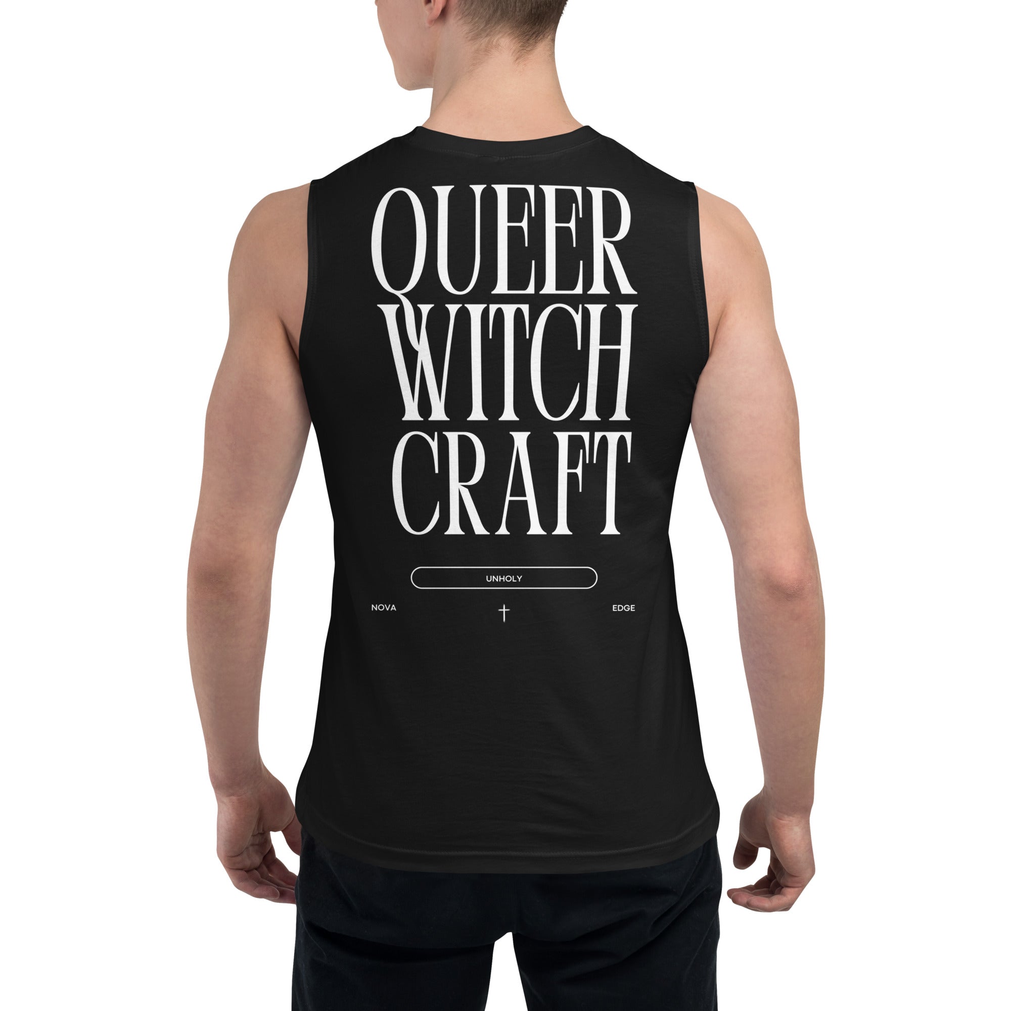 Queer Witchcraft Unholy Queer Pride on back of black Muscle Fit Relaxed Fit Tank Top Relaxed Fit Sleeveless Tank Top
