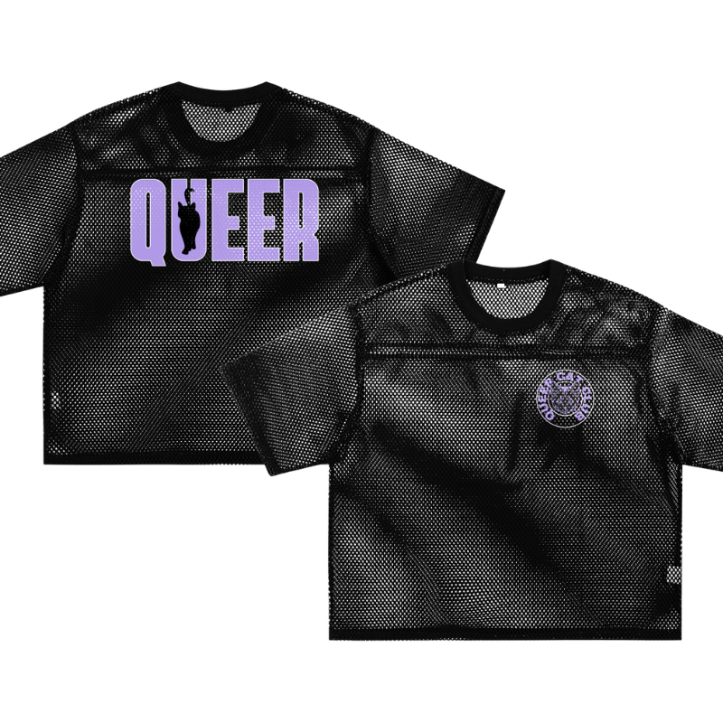 Queer Cat Club Queer Pride on Black Mesh Tee See-through Boxy Net T-shirt See-through Boxy Net T-Shirt