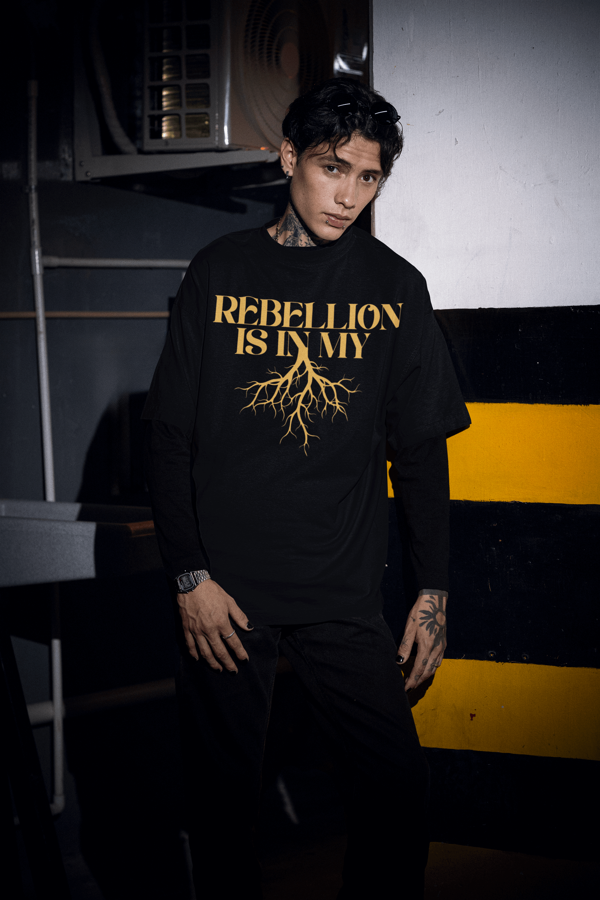 Rebellion is in my Roots Pride T-Shirt Protest Streetwear Black Oversize Deep Drop Shoulder Tee Oversize Deep Drop Shoulder Tee - 190 GSM
