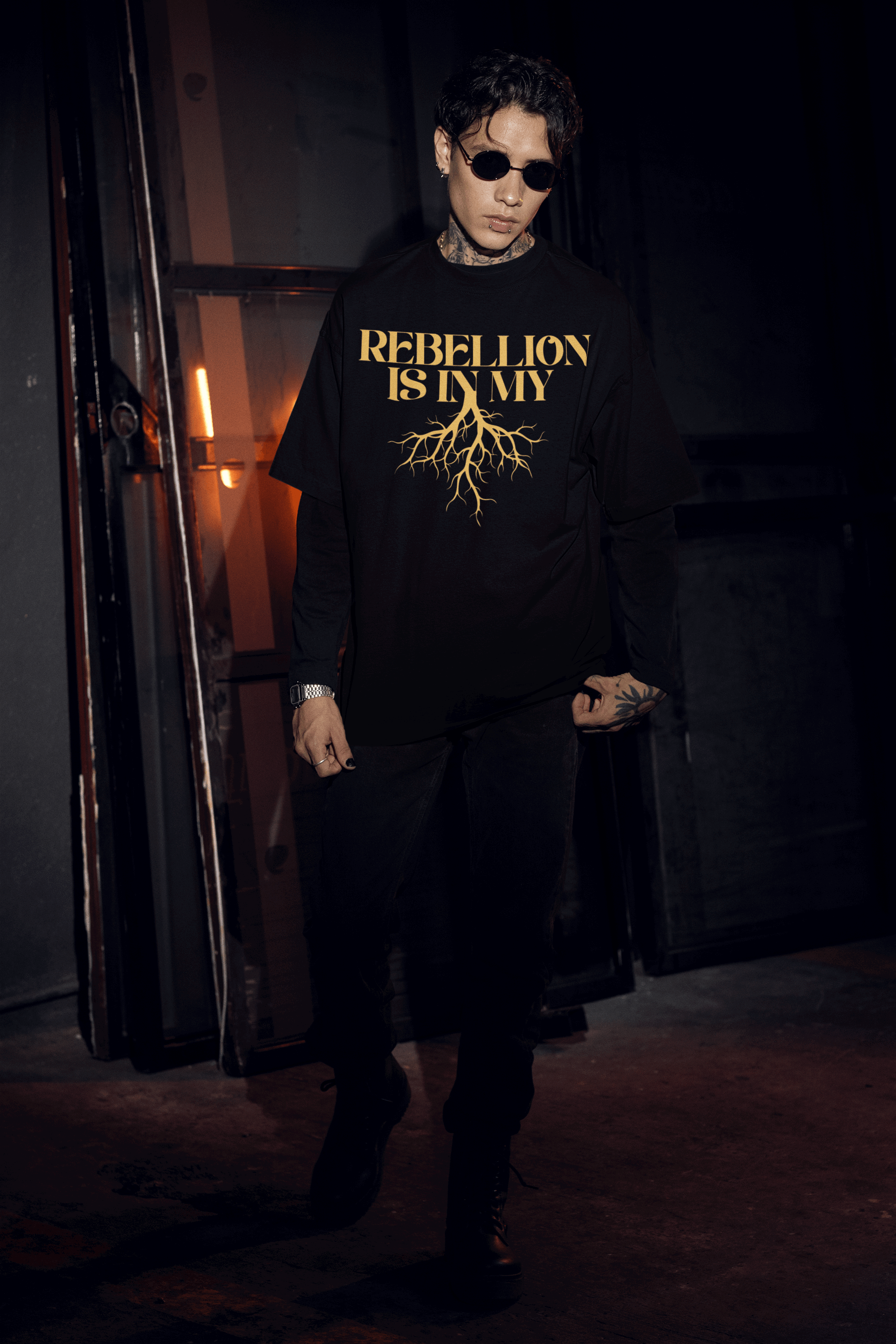 Rebellion is in my Roots Pride T-Shirt Protest Streetwear Black Oversize Deep Drop Shoulder Tee Oversize Deep Drop Shoulder Tee - 190 GSM