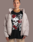 Resistencia Intersectional Pride Chicano Streetwear Style Graphic Tee on front of Black Oversize Deep Drop Shoulder Tee - 190 GSM
