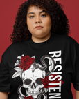 Resistencia Intersectional Pride Chicano Streetwear Style Graphic Tee on front of Black Oversize Deep Drop Shoulder Tee - 190 GSM