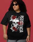 Resistencia Intersectional Pride Chicano Streetwear Style Graphic Tee on front of Black Oversize Deep Drop Shoulder Tee - 190 GSM
