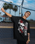 Resistencia español for Resistence Skull & Roses on front of Black Oversize Deep Drop Shoulder Tee Oversize Deep Drop Shoulder Tee - 190 GSM