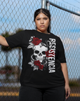 Resistencia español for Resistence Skull & Roses on front of Black Oversize Deep Drop Shoulder Tee Oversize Deep Drop Shoulder Tee - 190 GSM