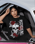 Resistencia español for Resistence Skull & Roses on front of Black Oversize Deep Drop Shoulder Tee Oversize Deep Drop Shoulder Tee - 190 GSM