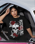 Resistencia español for Resistence Skull & Roses on front of Black Oversize Deep Drop Shoulder Tee Oversize Deep Drop Shoulder Tee - 190 GSM